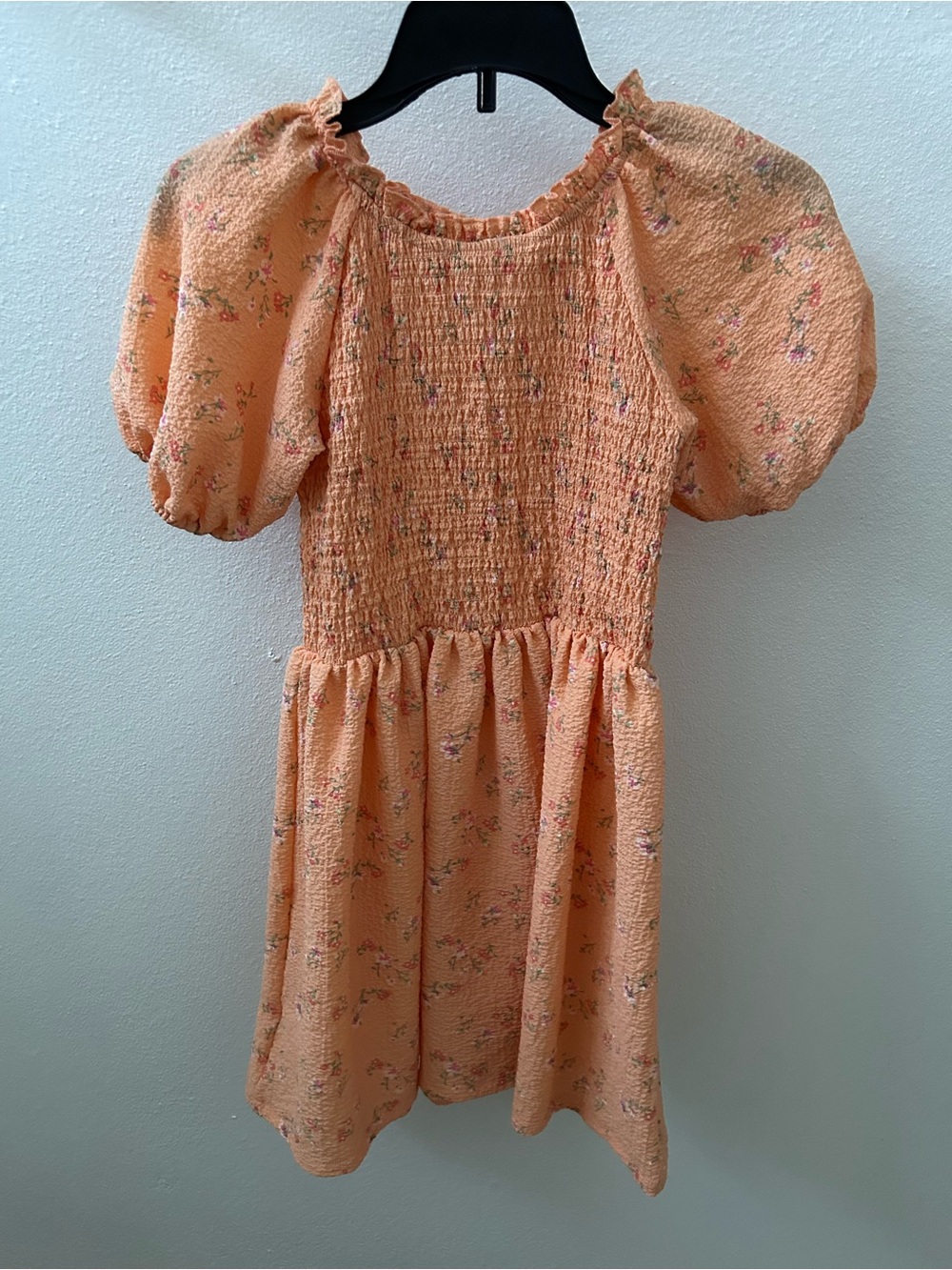 Tahari Girl Peach Floral Smocked Puff-Sleeve Dress - Picture 2 of 3